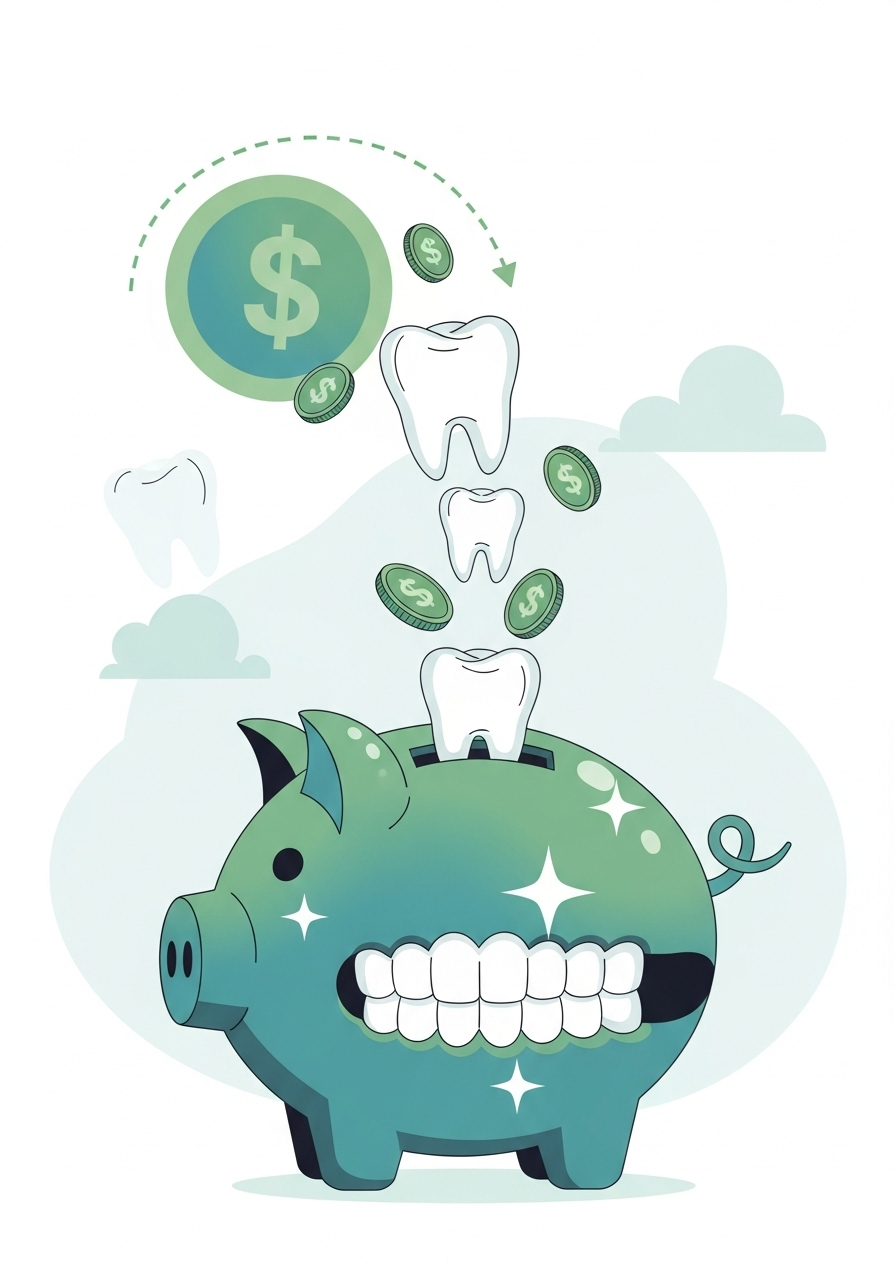 Ersparnis visualisiert - Sparschwein mit Dental-Thema, Münzen verwandeln sich in gesunde Zähne